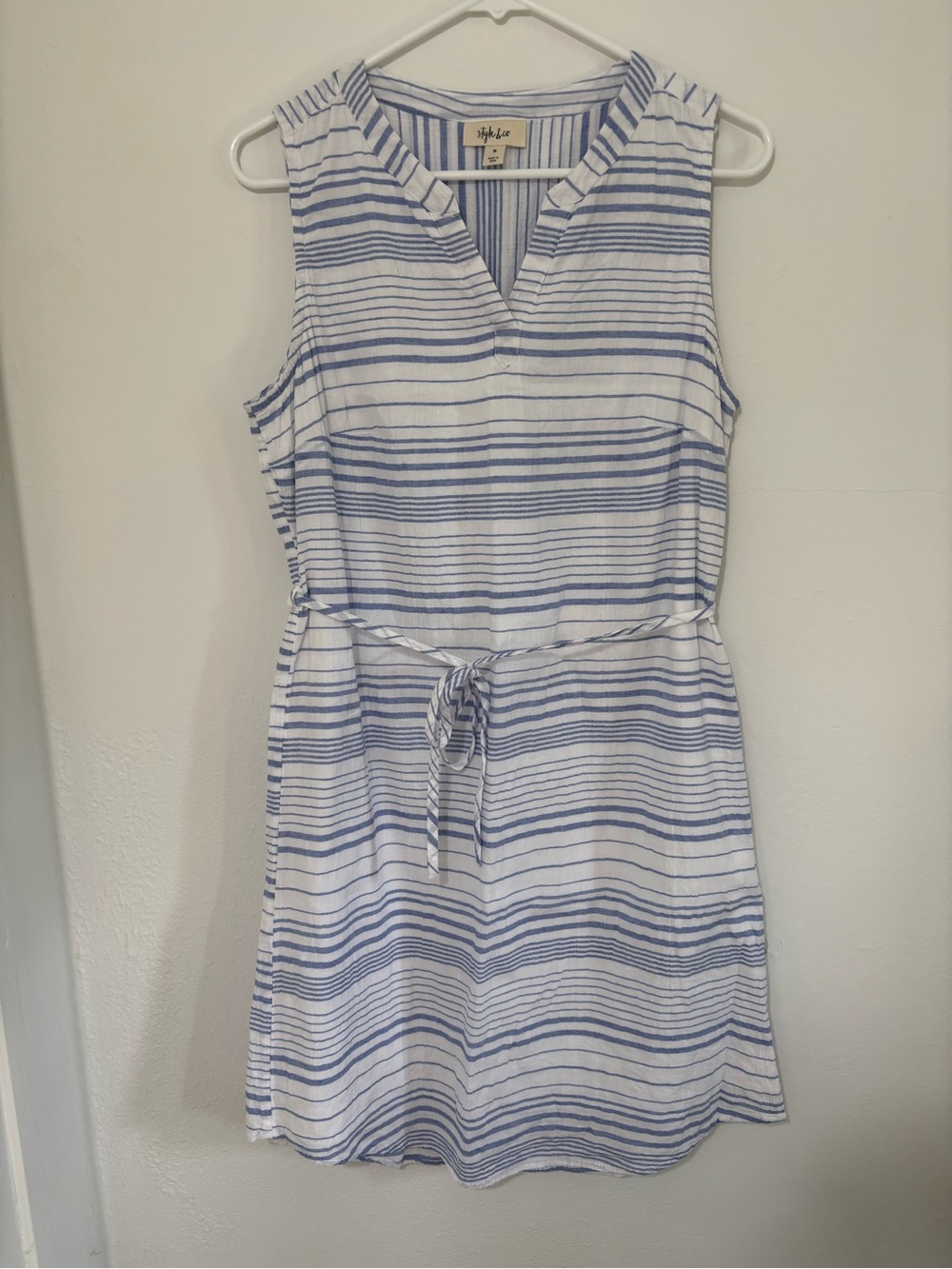 Style & Co. White Dress with Blue Stripes and Tie Waist-100% Cotton